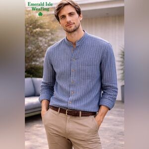 Emerald Blue Pinstripe Grandad Collar Casual Button-Down Shirt